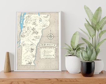 Vintage 1931 Vermont State Map Print – 8x10 Vermont State Vintage Map – Old Vermont Map Poster – Artist Hand Drawn Map of Vermont (6 Sizes)
