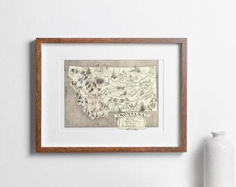 Vintage 1931 Montana State Map Print – 8x10 Montana State Vintage Map – Old Montana Map Poster – Artist Hand Drawn Map of Montana (6 Sizes)