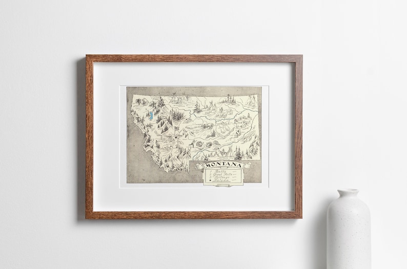 Vintage 1931 Montana State Map Print 8x10 Montana State Vintage Map Old Montana Map Poster Artist Hand Drawn Map of Montana 6 Sizes image 1