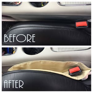 May include: Before and after photos showing a car seat organizer. The before photo shows a black leather car seat with a gap between the seat and the center console. The after photo shows the same car seat with a beige fabric organizer installed in the gap. The organizer has a red button closure.