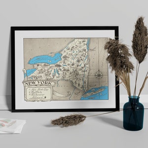 Vintage 1931 New York State Map Print –8x10 New York State Vintage Map, Old New York Map Poster, Artist Hand Drawn Map of New York (6 Sizes)