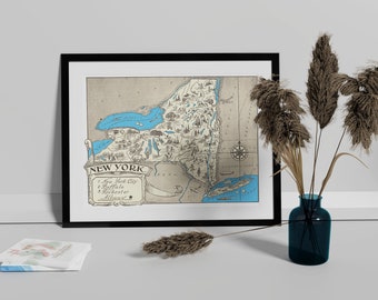 Vintage 1931 New York State Map Print –8x10 New York State Vintage Map, Old New York Map Poster, Artist Hand Drawn Map of New York (6 Sizes)