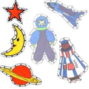 May include: A set of six felt applique patches featuring space-themed designs. The patches include a red star, a yellow crescent moon with a smiling face, a blue astronaut, a blue and white rocket, a red, white, and blue space capsule, and a red planet with a yellow ring.