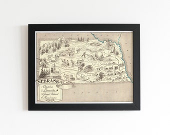 Vintage 1931 Nebraska State Map Print –8x10 Nebraska State Vintage Map, Old Nebraska Map Poster, Artist Hand Drawn Map of Nebraska (6 Sizes)