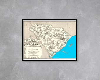 Vintage 1931 South Carolina State Map Print, South Carolina Vintage Map, South Carolina Map Poster Artist Drawn Map South Carolina (6 Sizes)