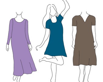 Patrón de costura en PDF para vestido Jasmine de tallas para mujer, incluye largos mini, midi y maxi, además de 2 largos de manga.