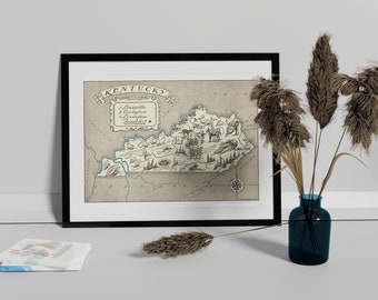 Vintage 1931 Kentucky State Map Print –8x10 Kentucky State Vintage Map, Old Kentucky Map Poster, Artist Hand Drawn Map of Kentucky (6 Sizes)