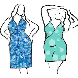 May include: Two women wearing different styles of wrap dresses. One dress is blue with a mosaic pattern, the other is teal with white polka dots.