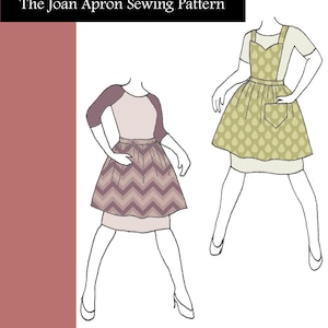 May include: A digital illustration of two women wearing different aprons. The apron on the left has a chevron pattern in shades of purple and brown. The apron on the right has a yellow background with a pattern of teardrop shapes. The text "The Joan Apron Sewing Pattern" is at the top of the image. The text "Instant PDF Download" is at the bottom of the image. The text "Pattern #4947" is below the text "Instant PDF Download".