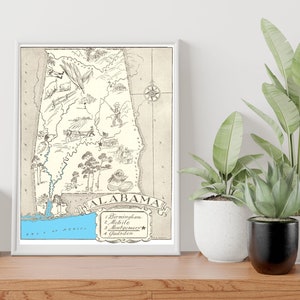 Vintage 1931 Alabama State Map Print Inch Alabama State Vintage Map Old Alabama Map Poster Artist Hand Drawn Map of Alabama 6 Sizes image 1