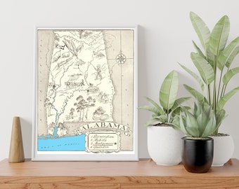 Vintage 1931 Alabama State Map Print – Inch Alabama State Vintage Map – Old Alabama Map Poster – Artist Hand Drawn Map of Alabama (6 Sizes)