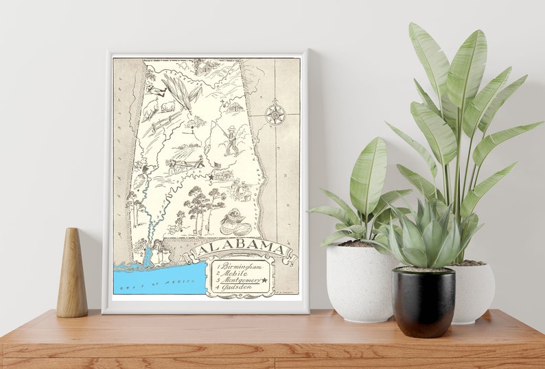 Vintage 1931 Alabama State Map Print Inch Alabama State Vintage Map Old Alabama Map Poster Artist Hand Drawn Map of Alabama 6 Sizes image 1