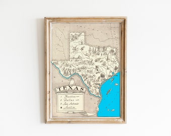 Vintage 1931 Texas State Map Print – 8x10 Texas State Vintage Map – Old Texas Map Poster – Artist Hand Drawn Map of Texas (6 Sizes)