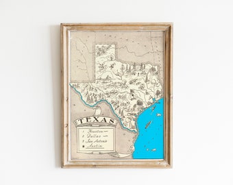 Vintage 1931 Texas State Map Print – 8x10 Texas State Vintage Map – Old Texas Map Poster – Artist Hand Drawn Map of Texas (6 Sizes)