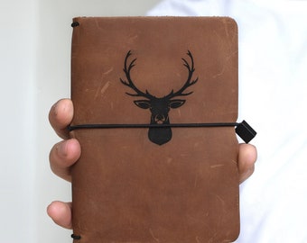 Personalized Brown Leather Notebook with deer, Leather Journal for hunter & fishing, Fathers Day Gift, Hunting Gifts for Men, deer journal