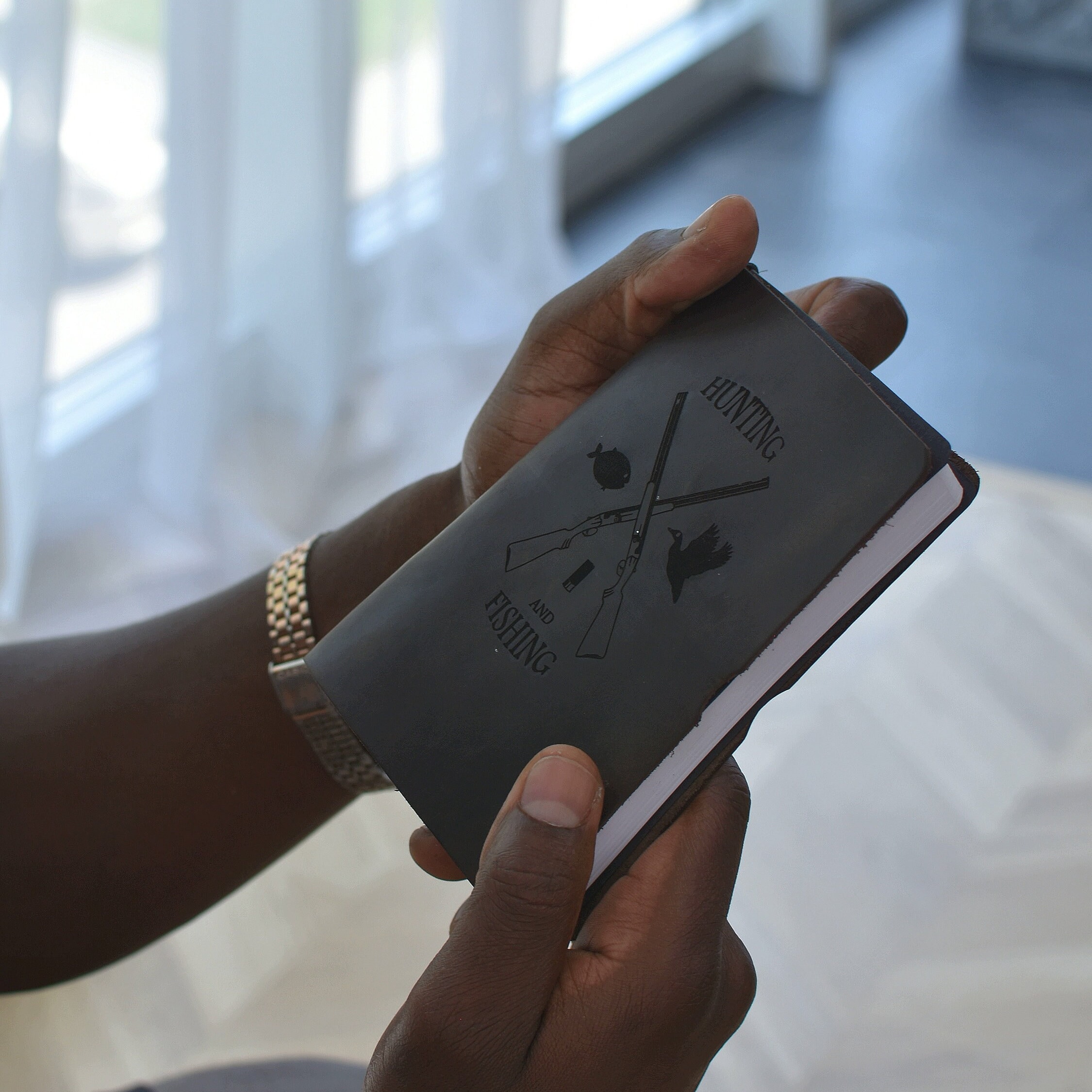 Custom Notebook, Engraved Black Leather, Notepad for Hunting and