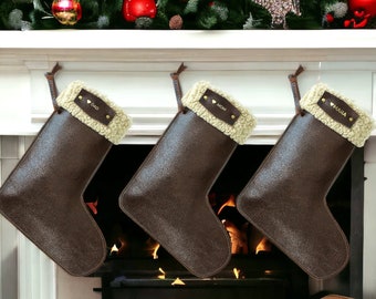 Leather Patch Christmas Stockings, Christmas Stockings With Name, Holiday Stockings, Leather holiday decor, 2023 Family Christmas Stockings,