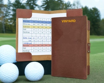 Personalised genuine leather Golf Scorecard Holder & Yardage Book - Customised with your name, The Perfect Name Gift for any Golfer