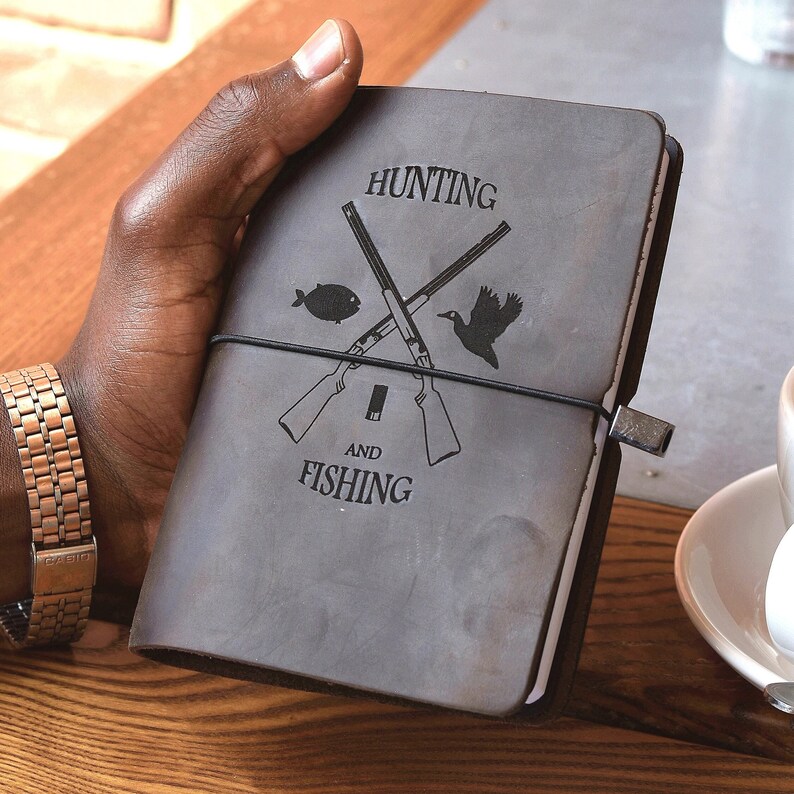 Custom notebook, engraved black leather, notepad for hunting and fishing enthusiasts, personalized leather notebook, travel journal diary image 1