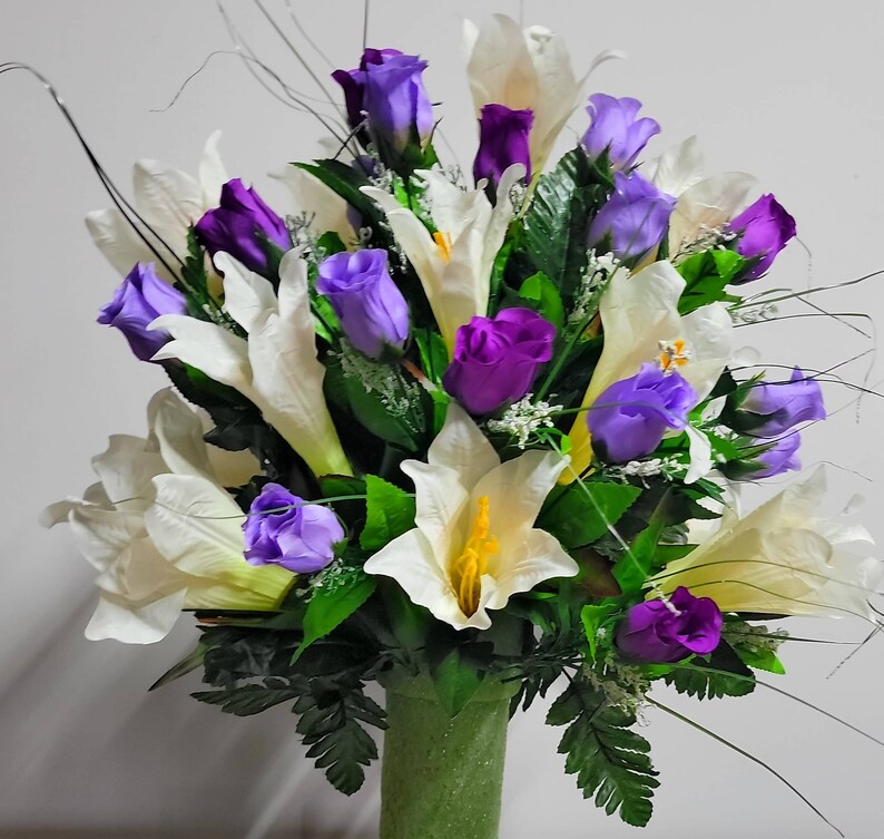Spring Cemetery Vase Flowers Easter Lilies With Purple Roses Etsy