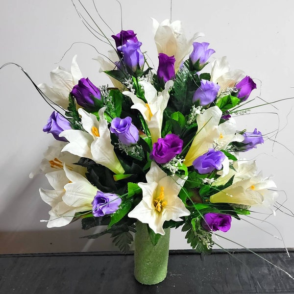 Spring  Cemetery Vase Flowers Easter Lilies with Purple Roses for 3” width Vase Cemetery Flowers