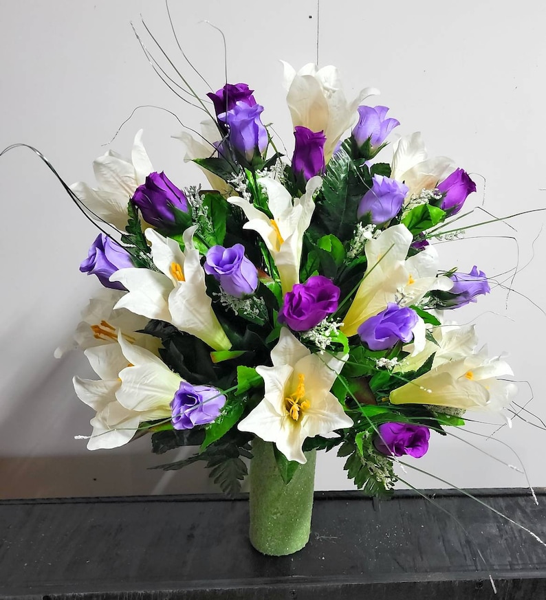Spring Cemetery Vase Flowers Easter Lilies With Purple Roses Etsy