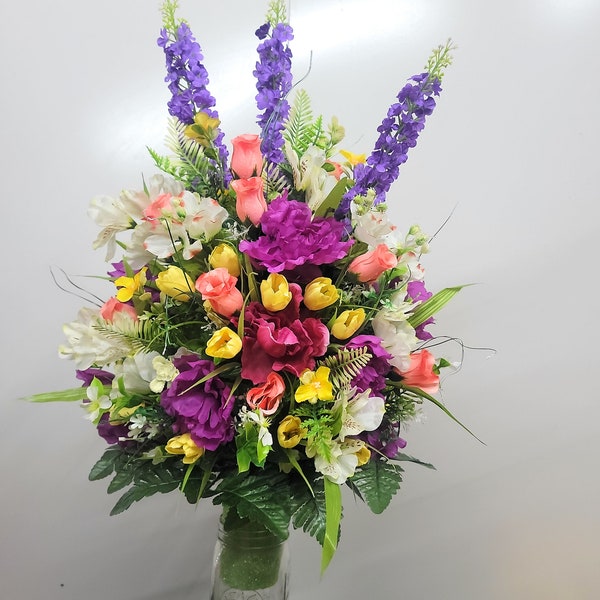 27" Tall wildflower spring Cemetery Vase Flowers yellow mini tulips dogwood asteria coral roses Cemetery vase flowers