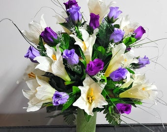 Easter Lily Cemetery Vase Flowers for 3” width Vase , Purple roses ,Easter Cemetery Flowers