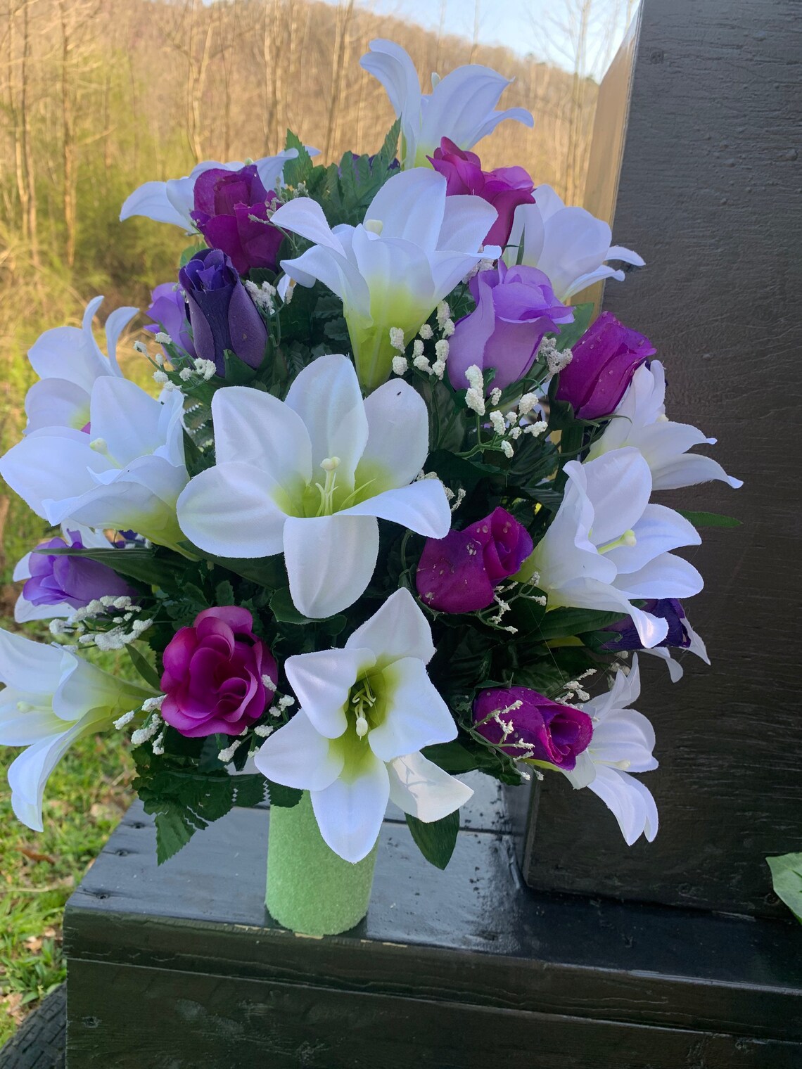 Spring Cemetery Vase Flowers Easter Lilies With Purple Roses Etsy