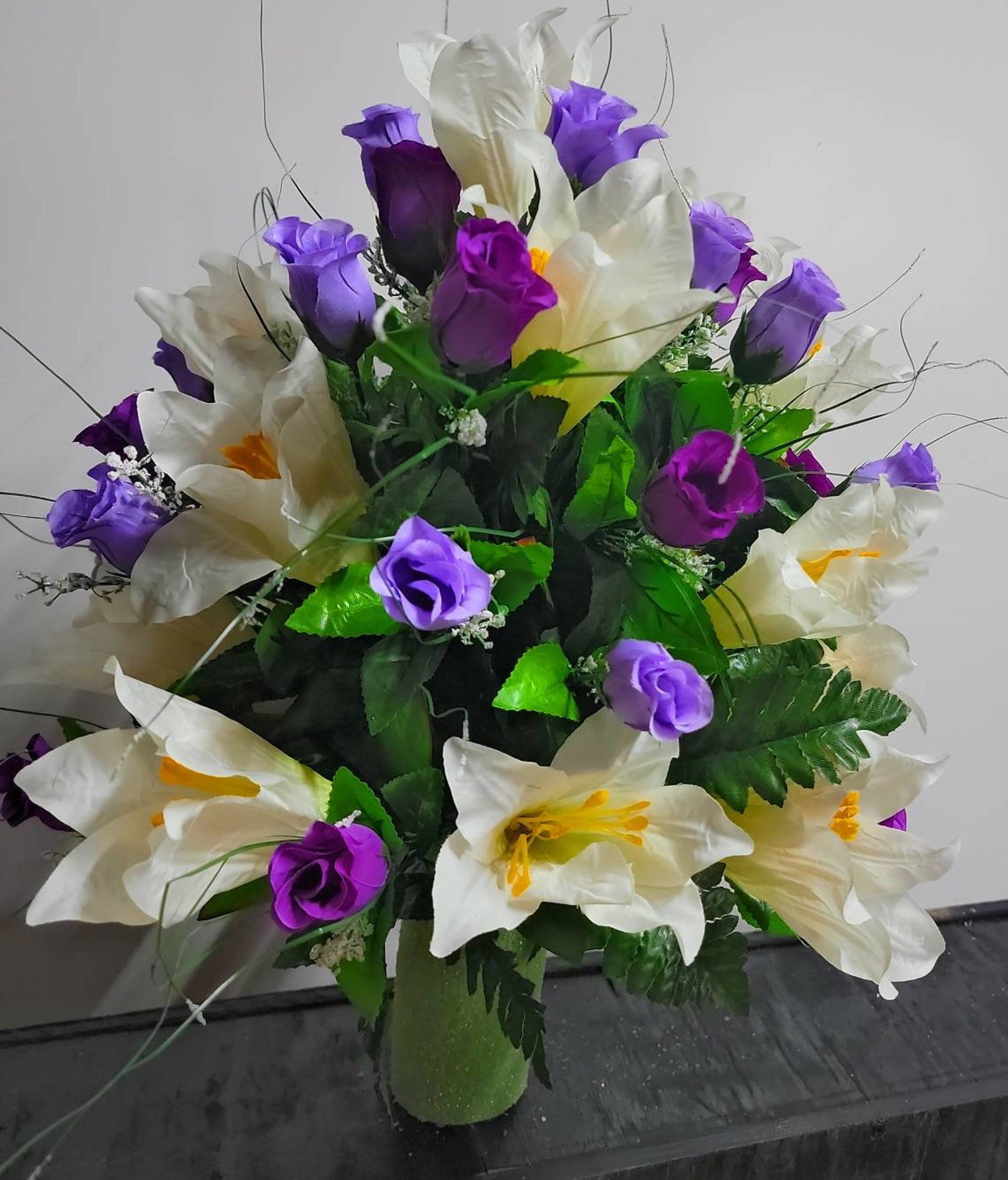 Spring Cemetery Vase Flowers Easter Lilies With Purple Roses Etsy
