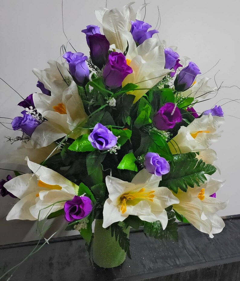 Spring Cemetery Vase Flowers Easter Lilies With Purple Roses Etsy