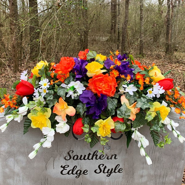 Spring Saddle , Wildflower Saddle , Extra Large 36” Length Cemetery Spring Saddle , Daffodils Iris Tulips Peonies  Orchids Wildflower