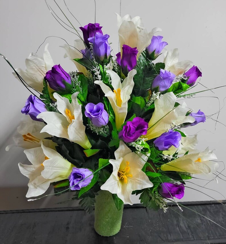 Spring Cemetery Vase Flowers Easter Lilies With Purple Roses Etsy