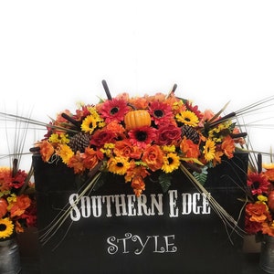 3 Piece Set • Premium Headstone Decor Set •Large Saddle ( 36 inches long) with 2 Side Vase Arrangements •pinecones , Sunflowers