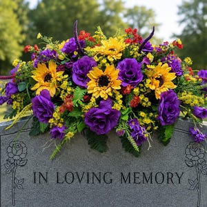 Sunflower Purple Rose Cemetery Saddle, Wildflower Gravesite Memorial Arrangement