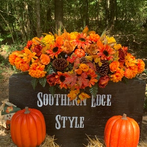 Premium Style • Fall Headstone Saddle, Double Headstone Saddle, Orange Cemetery Flowers