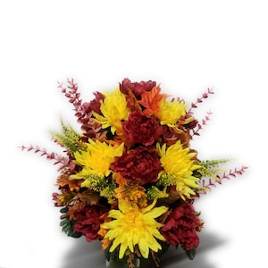 Cemetery Vase Flowers , Grave Vase Flowers, Red and Yellow Fall , Grave Vase Flowers