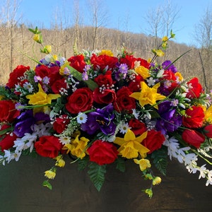 Spring Cemetery Saddle • Extra Large Headstone Saddle • Spring Cemetery Flowers, Daffodils, Iris , Tulips