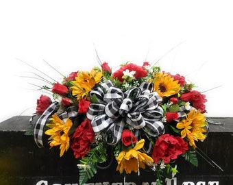 Cemetery Flowers 24" Small Cemetery Saddle for a single stone Red peonies and Yellow Sunflowers