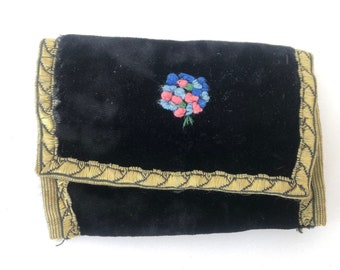 Small Vintage Hand-Embroidered Black Velvet Hand-Made Sewing Purse With Posy of Flowers Decoration