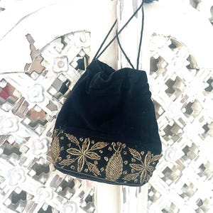 Vintage Indian Blue Velvet Small  Zardozi Drawstring Pouch Bag