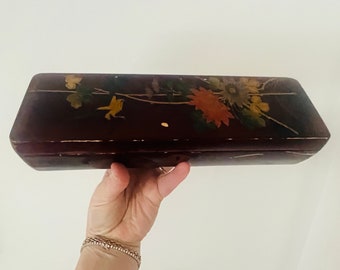 Vintage Oosters gelakt handschoenenkastje/sieradendoosje met sleutelbloemen & vogel