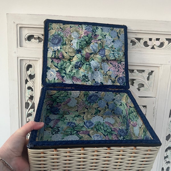 Large Vintage Wickerwork Floral Cotton Padded Sewing Basket