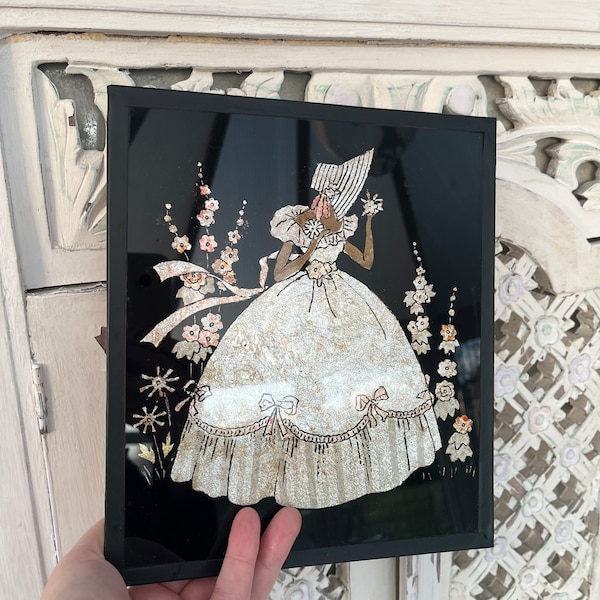 Vintage Foiled Glas Bild Krinoline Dame im Garten