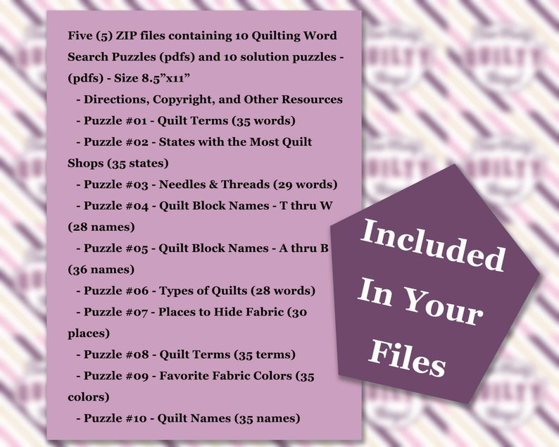 Quilt Puzzle Printables, Quilt Games, Instant Download for Quilters, Quilt Retreat Games, Quilt Meeting Games, 10 Quilt Word Search Puzzles image 2