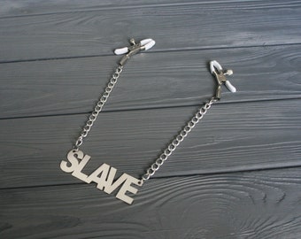 Nipple clamps Slave with chain pendant Block Font Laser Cut Nipple clips BDSM toy Erotic wear Body clamps submissive play pair clamps silver