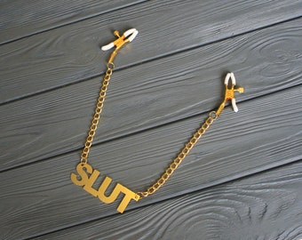 Nipple clamps Slut with chain monogram Block Font Laser Cut Nipple clips BDSM toy Erotic wear Body clamps submissive play pair clamps gold