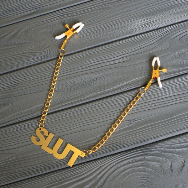 Nipple clamps Slut with chain monogram Block Font Laser Cut Nipple clips BDSM toy Erotic wear Body clamps submissive play pair clamps gold