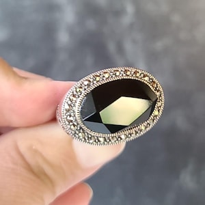 925 Sterling Silver Black Onyx Marcasite Statement Ring Vintage, SIZE US 8