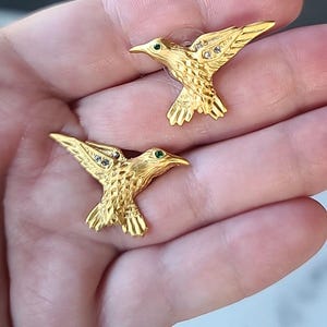 Hummingbird Shaped Gold Tone Metal Stud Earrings Vintage Costume Jewelry